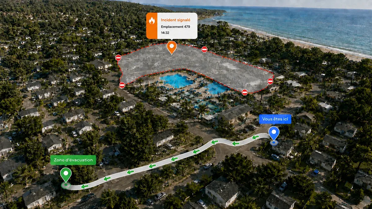 Vue aérienne d'un camping avec un incident signalé, la zone d'évacuation et l'itinéraire à suivre