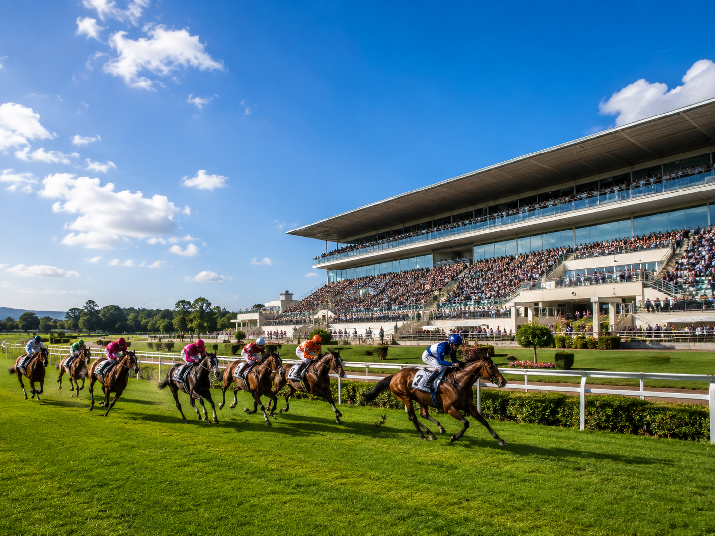 Course hippique devant les tribunes d'un hippodrome