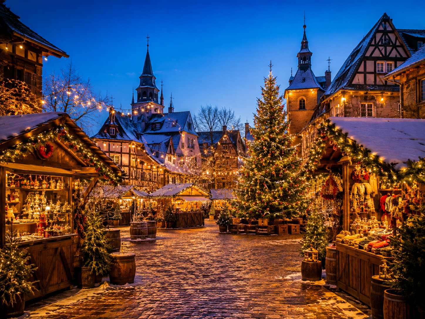 Marché de Noël, rue commerçante illuminée