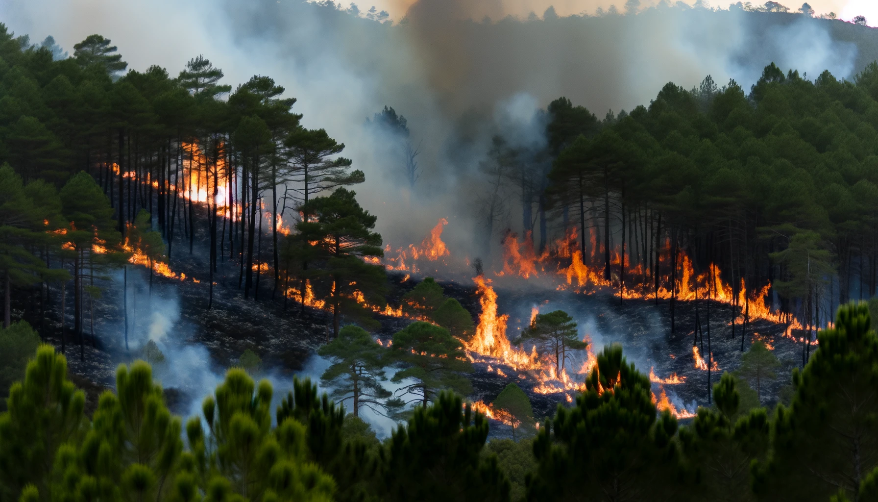 DALL·E 2024-02-16 12.09.33 - Une image au format paysage représentant un feu de forêt réaliste, sans présence humaine. Les flammes consument les arbres et la végétation dans une s